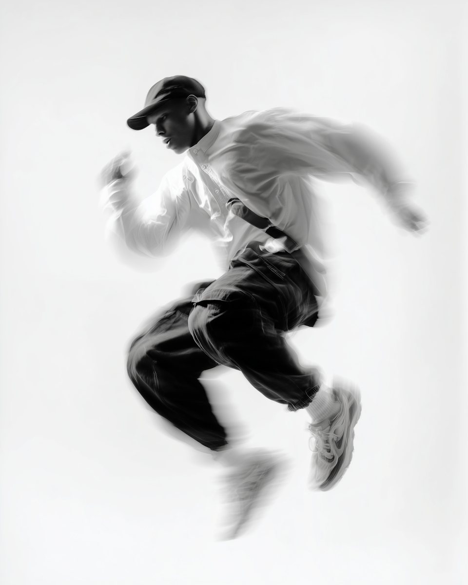 Athlete mid-jump, black and white motion photograph