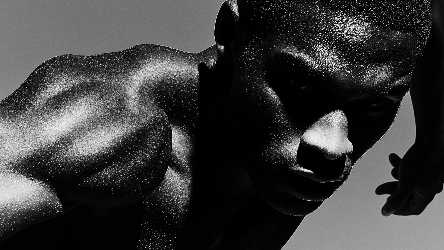 Black and white portrait of an athlete in motion, shoulders and face in hard light